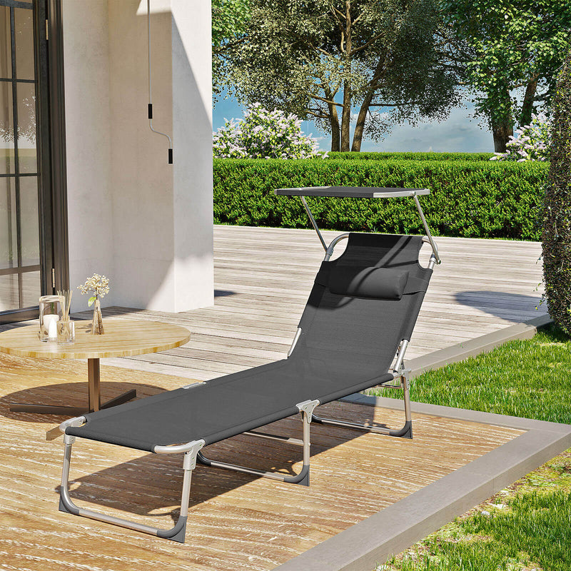 Chaise de jardin - chaise longue - lit de soleil - avec toit ouvrant - dossier réglable - gris