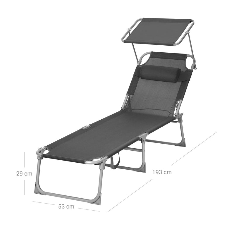 Garden Chair - Lounge Chair - Solstola - med soltak - Justerbar rygg - grå