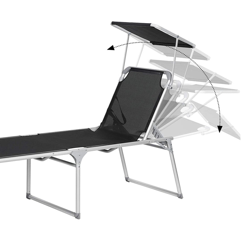 Lounger - Havesæde - Ekstra stor 65 x 200 x 48 cm - Belastningskapacitet op til 150 kg - med solbaldakin - ryglæn - sort