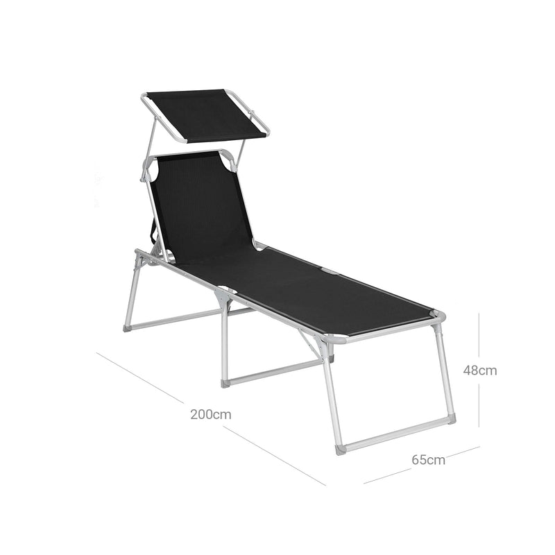 Lounger - Havesæde - Ekstra stor 65 x 200 x 48 cm - Belastningskapacitet op til 150 kg - med solbaldakin - ryglæn - sort