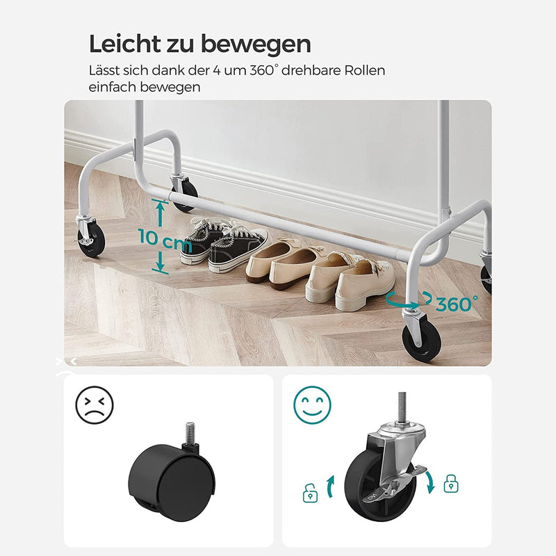 Tøjstativ - tøjgarderobe - Udvidelig tøjstang - på hjul - Hvid