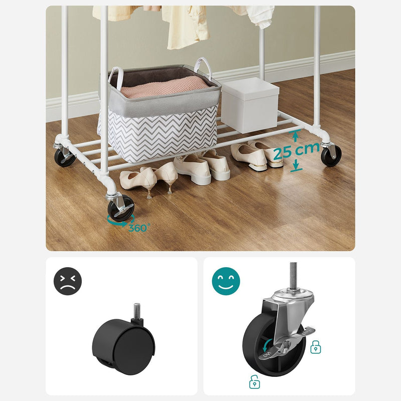 Beklædningsstativ - Mobil garderobefil - til tunge belastninger - op til 110 kg skattepligtig - industrielt design - med 2 tøjstænger - Hvid