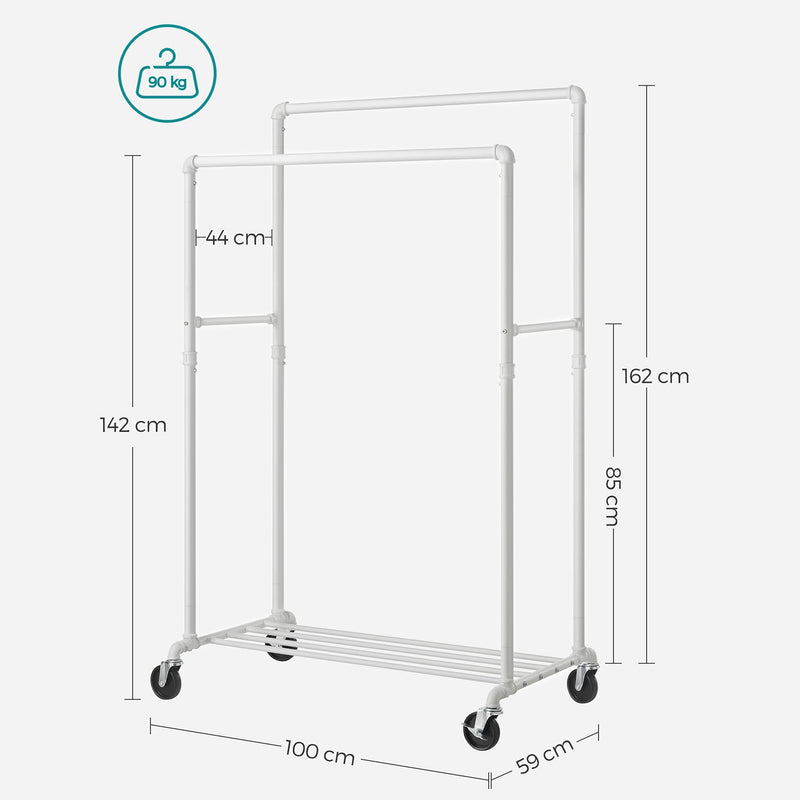 COMNECTING RACK - Fișier pentru garderoba mobilă - pentru sarcini grele - până la 110 kg impozabil - design industrial - cu 2 tije de îmbrăcăminte - alb