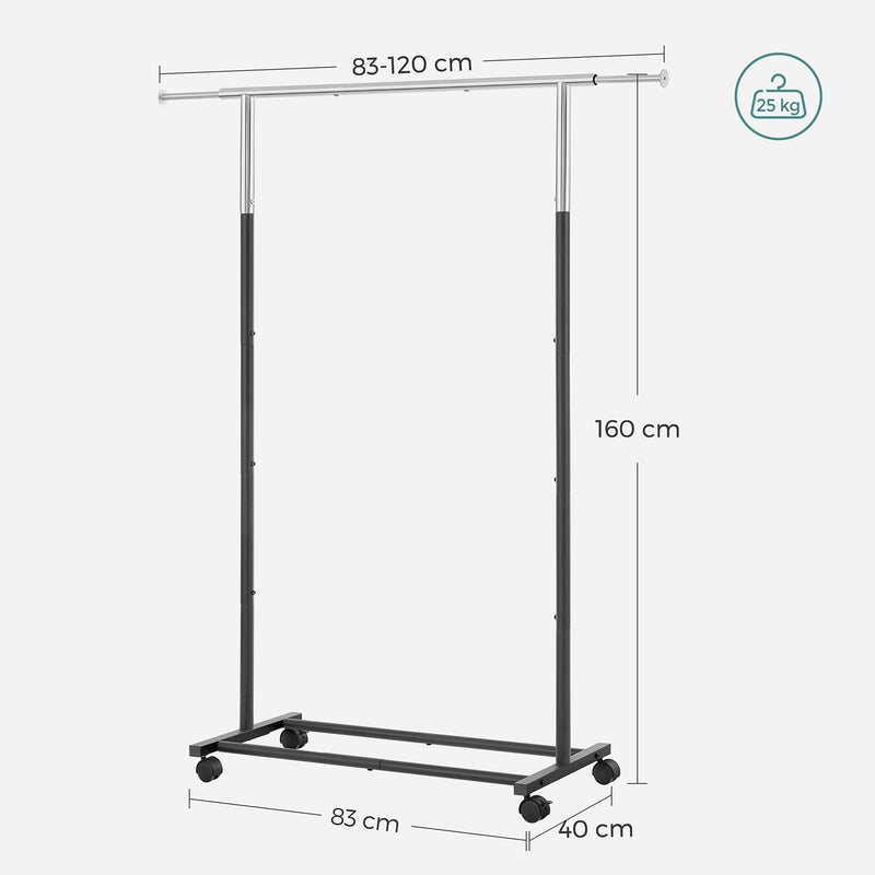 Beklædningsstativ - frakkeholder - tøjopbevaring - med hjul - tøjstang - sort / sølv