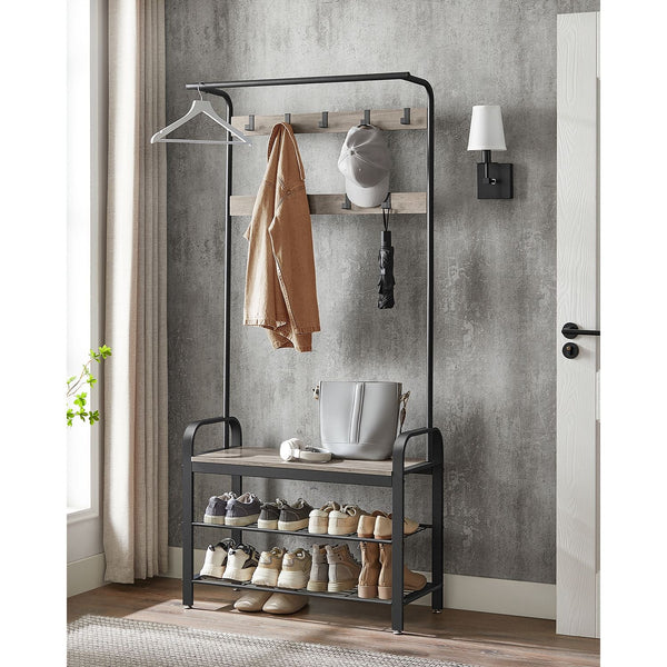 Coat Rack - Shoe Rack - Med sittplatser - Klädstativ - med 9 avtagbara krokar - Bänk - 2 galler - Grå