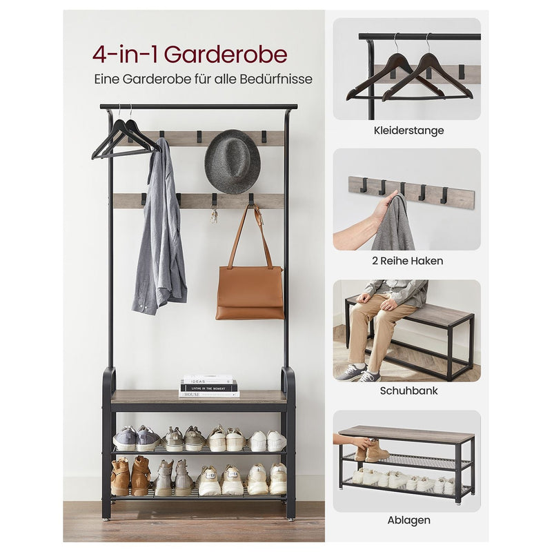 Coat Rack - Shoe Rack - Med siddepladser - tøjstativ - med 9 aftagelige kroge - bænk - 2 gitter - grå