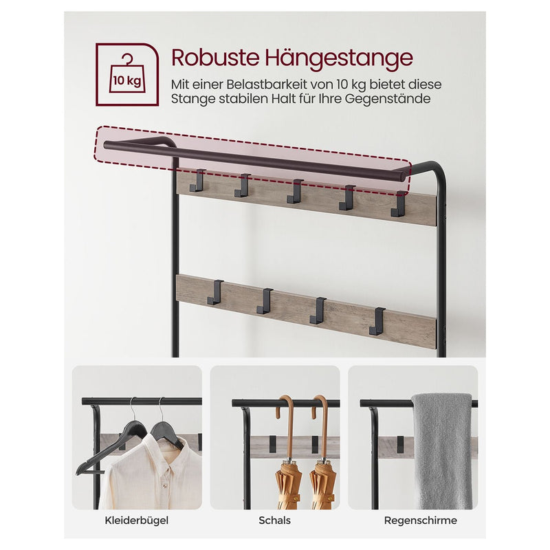 Coat Rack - Shoe Rack - Med siddepladser - tøjstativ - med 9 aftagelige kroge - bænk - 2 gitter - grå