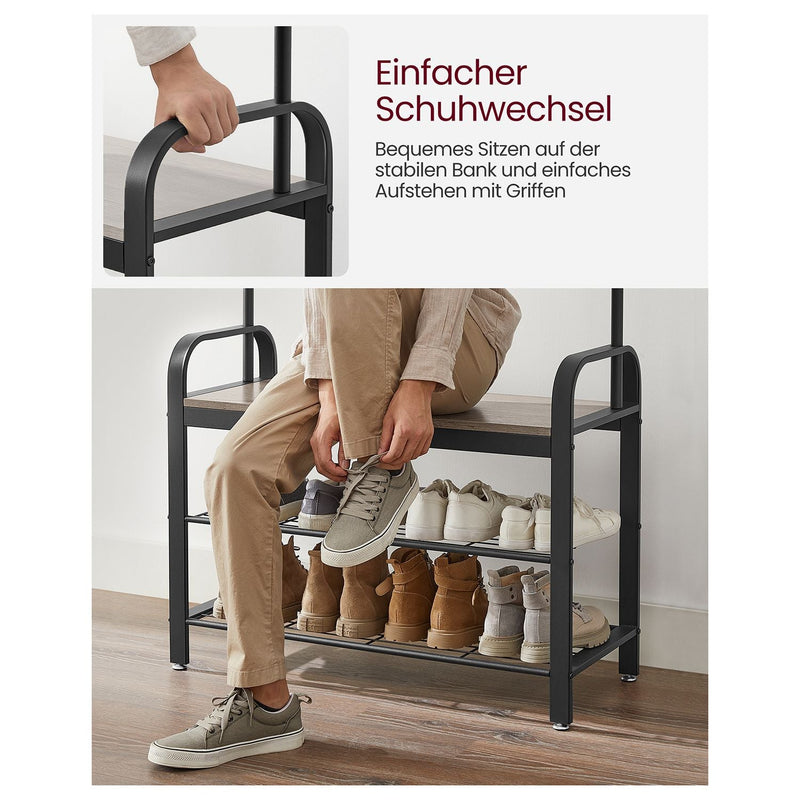 Coat Rack - Shoe Rack - Med sittplatser - Klädstativ - med 9 avtagbara krokar - Bänk - 2 galler - Grå