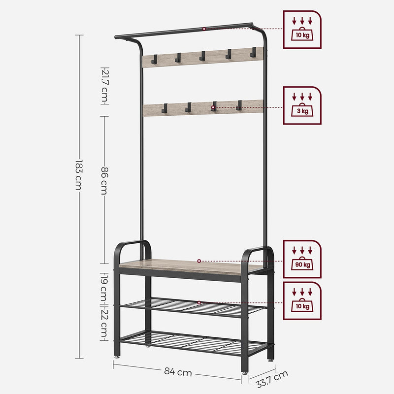 Coat Rack - Shoe Rack - Med sittplatser - Klädstativ - med 9 avtagbara krokar - Bänk - 2 galler - Grå