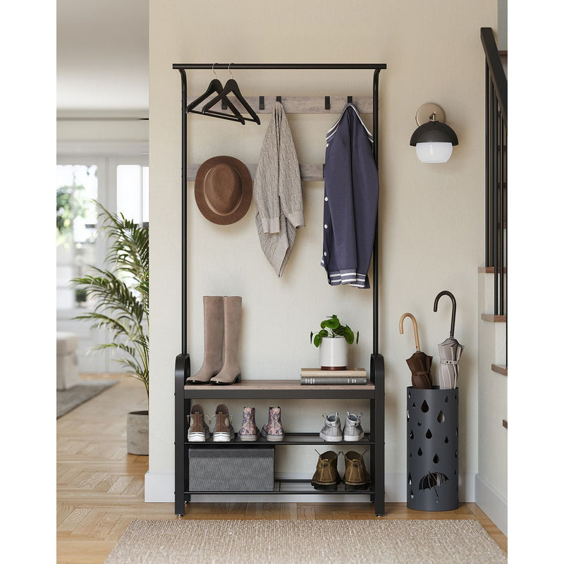 Coat Rack - Shoe Rack - Med sittplatser - Klädstativ - med 9 avtagbara krokar - Bänk - 2 galler - Grå