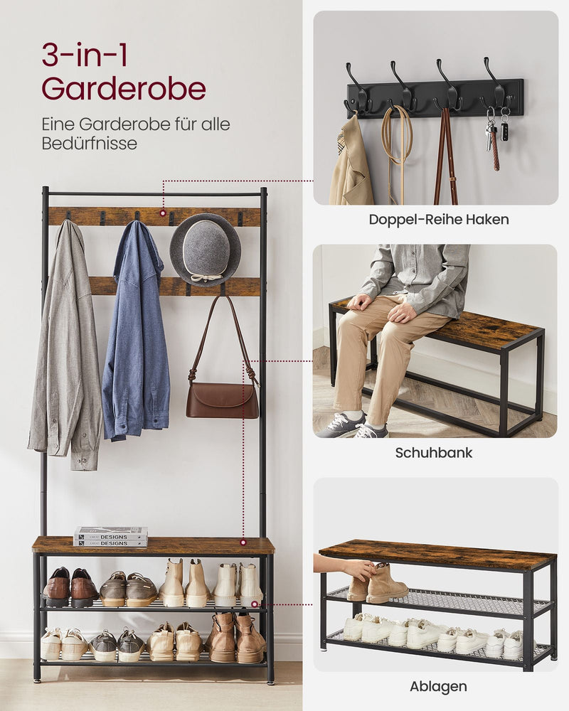 Coat Rack - Sko rack med siddepladser - tøjstativ med 9 aftagelige kroge - bænk - 2 gasboller