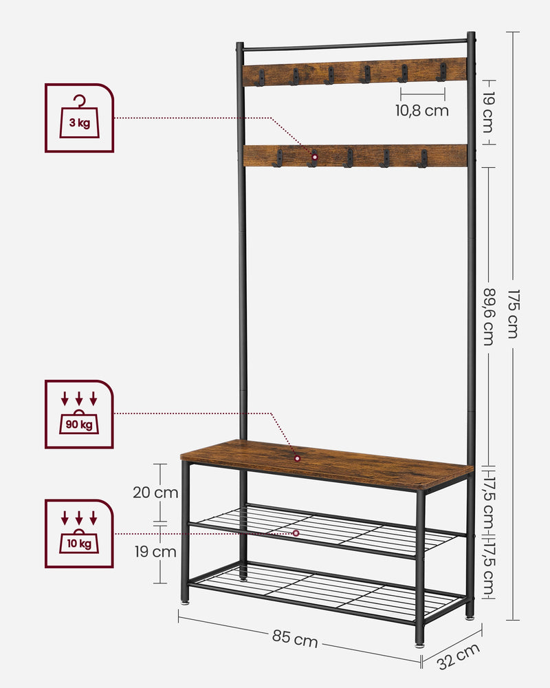 Coat Rack - Sko rack med siddepladser - tøjstativ med 9 aftagelige kroge - bænk - 2 gasboller