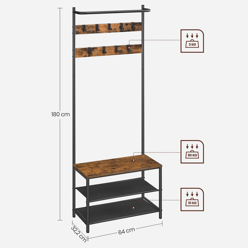 Frakkeholder med skostativ og bænk - industriel design - grå