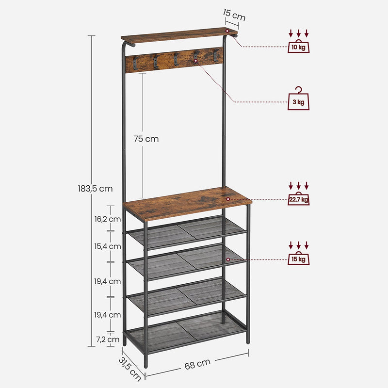 Frakkeholder med 5 dobbeltkroge - skostativ med 5 niveauer - industriel - sort / brun