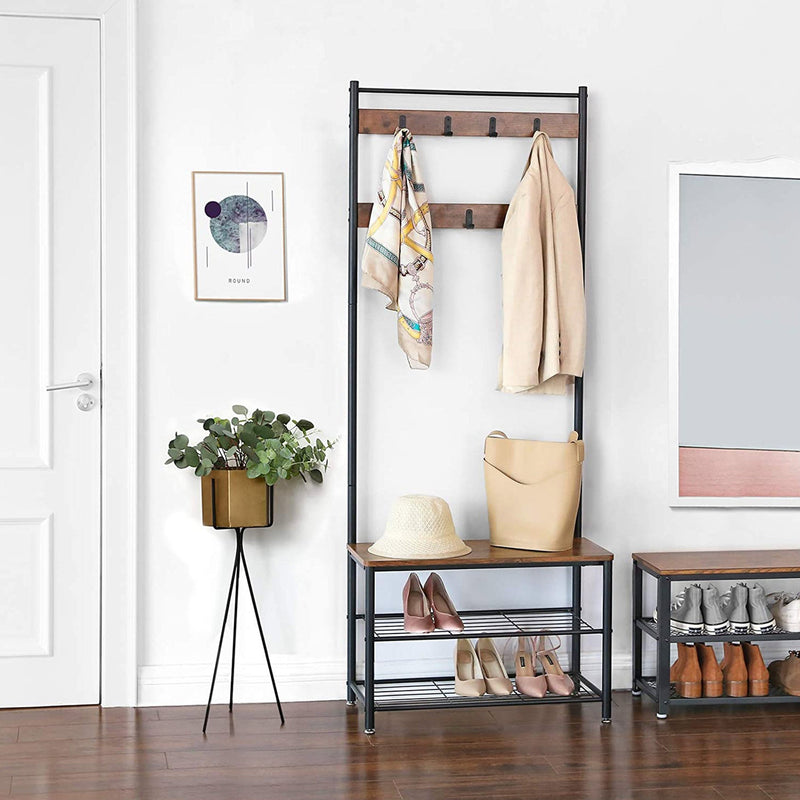 Armoire - Rack de manteau - avec des chaussures - Carrier à chaussures avec sièges - avec 3 crochets - brun foncé