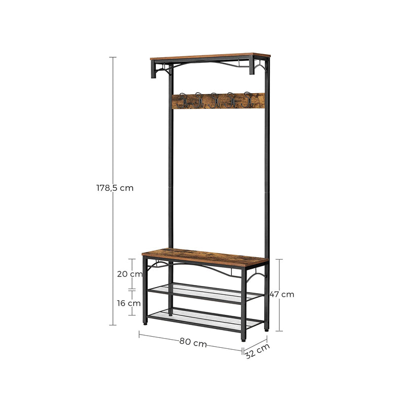 Garderobă - suport pentru încălțăminte cu scaun - suport pentru îmbrăcăminte - cu 5 cârlige detașabile - design industrial