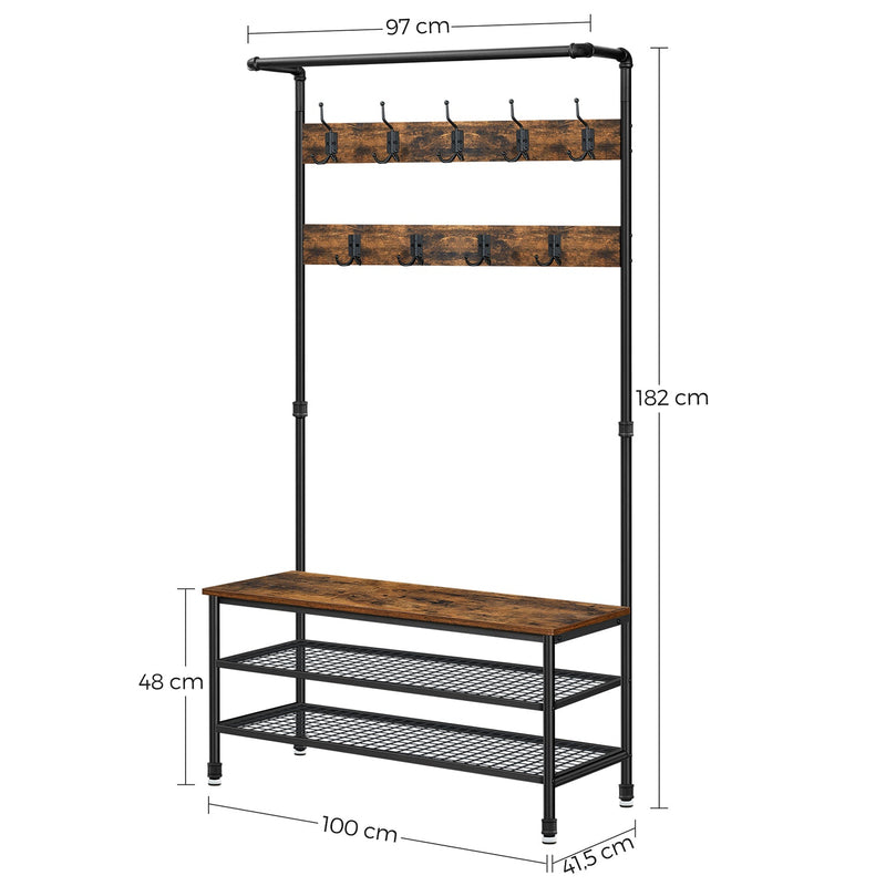 Garderobe - med bænk - Stor frakkeholder - med 9 Haken - Shoe Rack - Industrial Version