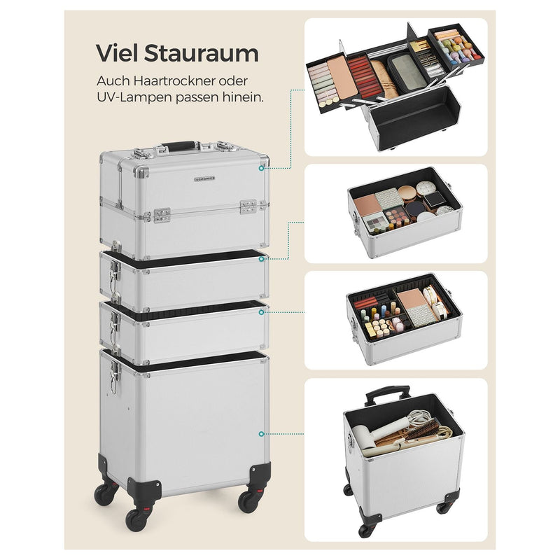 Cosmeticakoffer met wieltjes - Trolley 4-in-1 make-upkoffer - Zilver