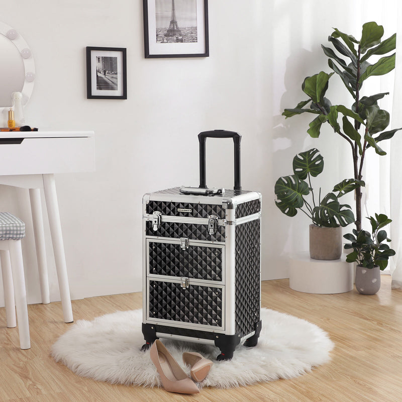 Make-up Koffer - Professionele make-up trolley - Kapperskoffer met 4 wielen - Zwart