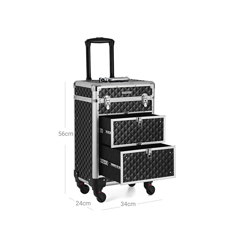 MADE -UP Suitcase - Trolle de maquillage professionnel - Varigne de coiffure avec 4 roues - noir