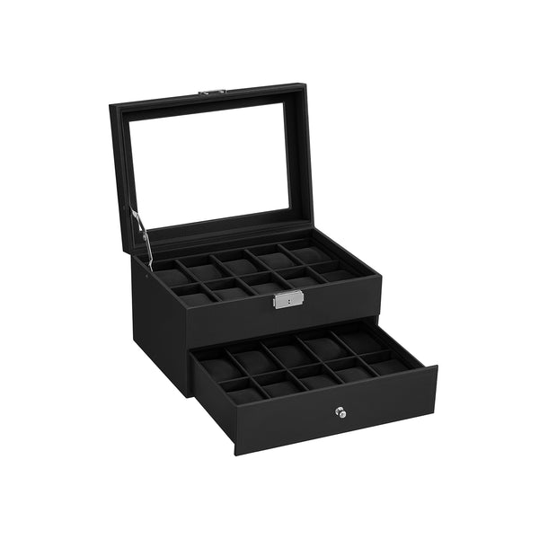 Watchlet - Watchbox - avec 2 niveaux - couverture en verre - noir