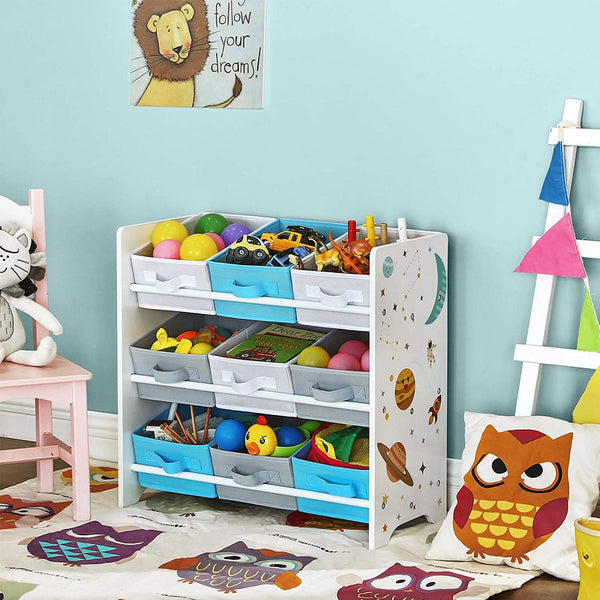 Kinderkamerplank - speelgoed organizer - boekenkast voor kinderen - Met 9 opbergdozen - Van fleece - kinderkamer - Wit / Blauw