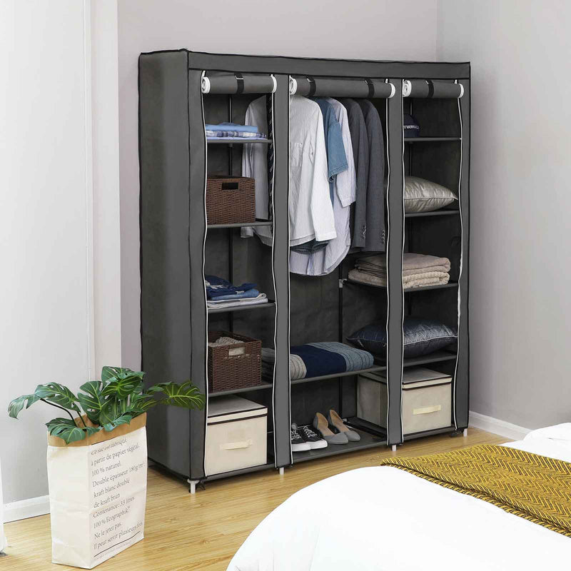 Armoire - tissu garde-robe - avec tige de vêtements - 3 portes rouleaux -175 x 150 cm - gris