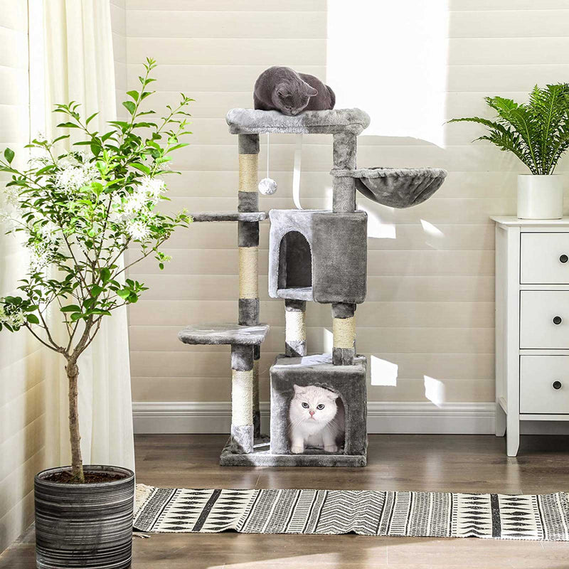 Scratching Post - Cat Tree - 2 Caves - Robust Cat Tree - 120 cm - Lysegrå