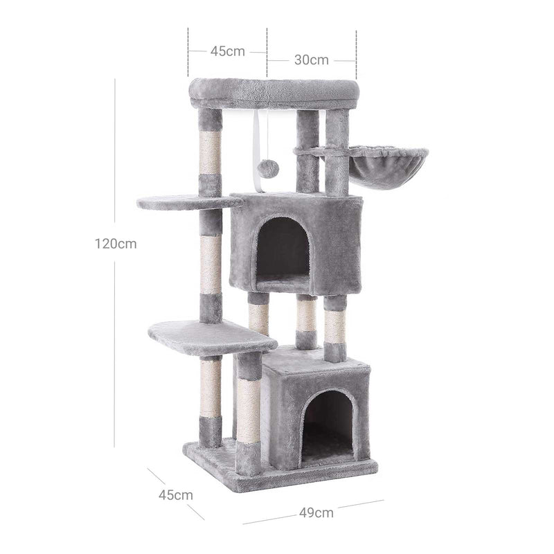 Post de zgârietură - copac de pisică - 2 peșteri - copac de pisică robust - 120 cm - gri deschis