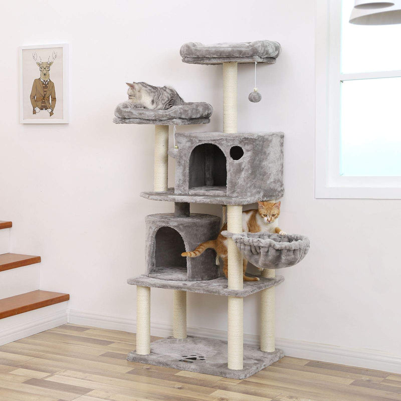 Scratching Post - Cat Sleeping Place - 152 cm - avec pelouse - avec plate-forme - 2 grottes - gris clair