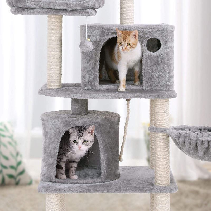 Scratching Post - Cat Sleeping Place - 152 cm - avec pelouse - avec plate-forme - 2 grottes - gris clair