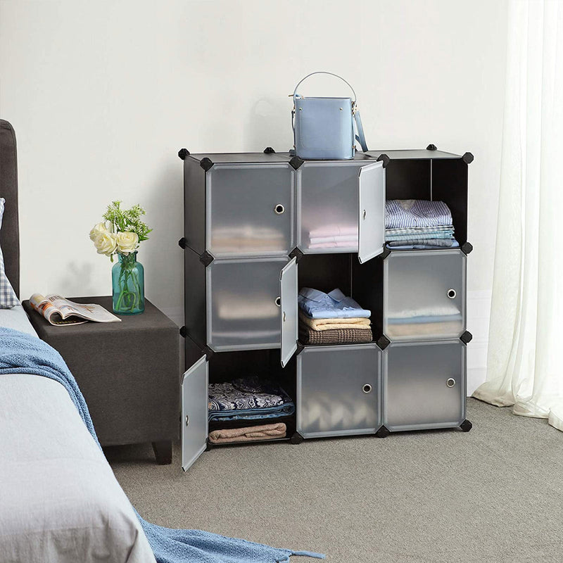 9 -Cube Storage Organizator - Dulap din plastic - cu uși - negru