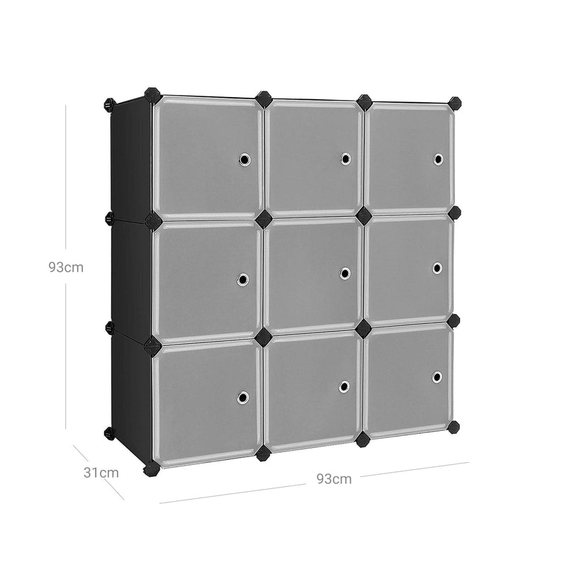 9 -Cube Storage Organizer - Plastic Cabinet - Med døre - Sort