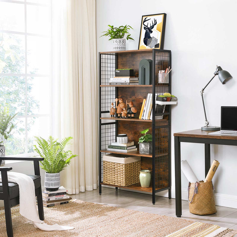 Bookplank - Bureau de bureau - étagère de cuisine - avec 4 étagères - Cadre en acier - Design industriel - Brown Black