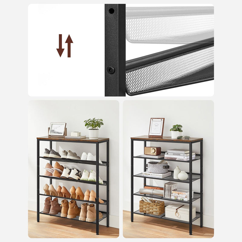 Shoe Rack med 5 nivåer och yta för väskor - Industrial - brun / svart