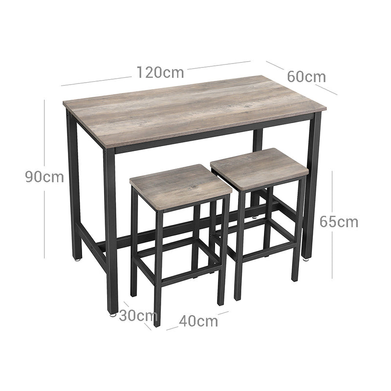 Bartafel - Keukentafel - Hoge tafel - Met 2 barkrukken - Metalen frame - Grijs zwart