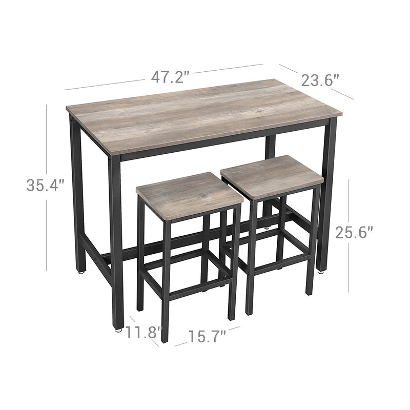 Masă de bar - Masă de bucătărie - masă înaltă - cu 2 scaune cu 2 bar - cadru metalic - negru gri