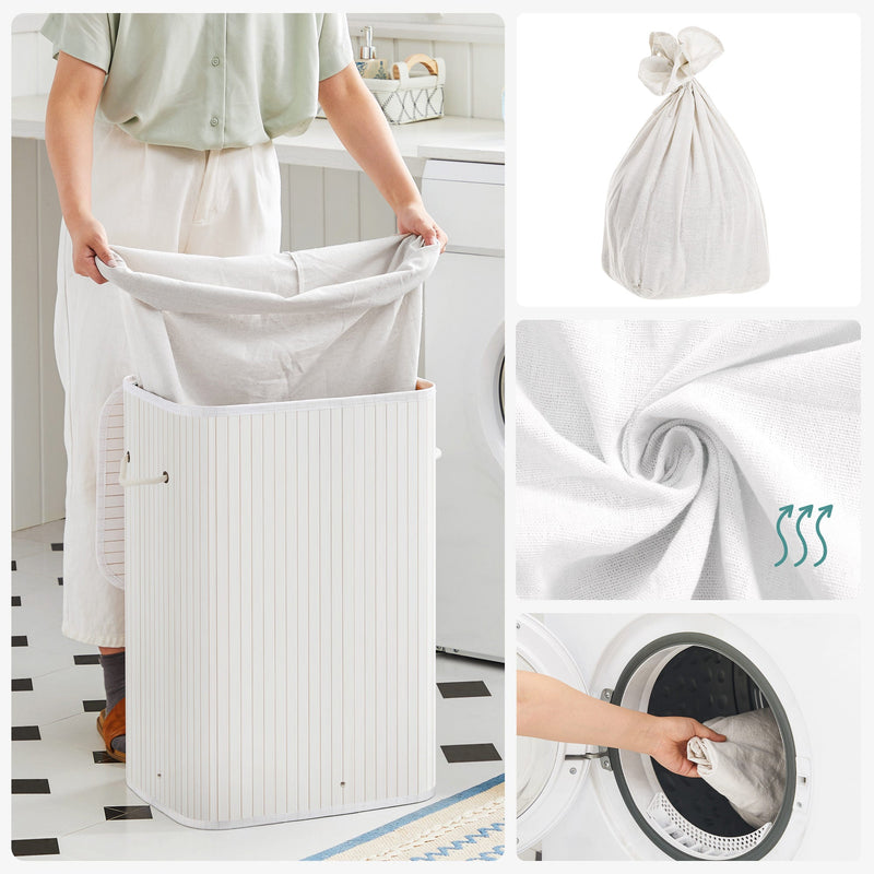 Panier à linge - 100 L - BAMBOO - Panier à linge avec poignées - couvercle avec clips - pliable - Sac à linge amovible - blanc