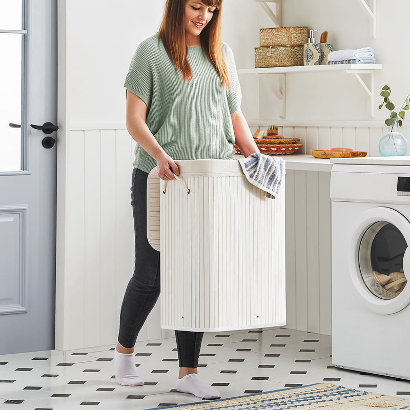 Panier à linge - 100 L - BAMBOO - Panier à linge avec poignées - couvercle avec clips - pliable - Sac à linge amovible - blanc