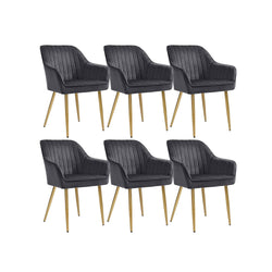 Eetkamerstoelen - Fauteuil - Gestoffeerde stoelen - Set van 6 - Met armleuningen - Metalen poten - Fluwelen bekleding - Grijs