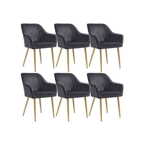 Eetkamerstoelen - Fauteuil - Gestoffeerde stoelen - Set van 6 - Met armleuningen - Metalen poten - Fluwelen bekleding - Grijs