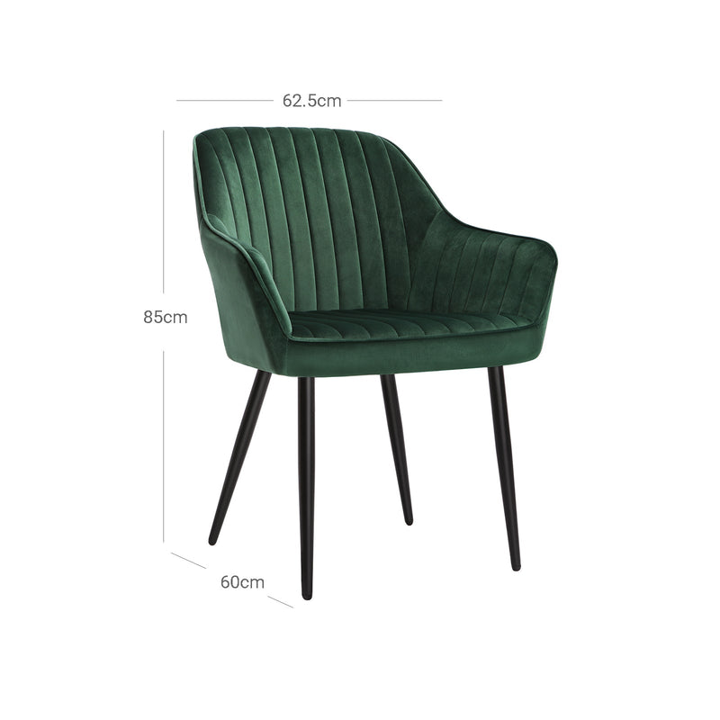 Eetkamerstoelen - Fauteuil - Gestoffeerde stoelen - Set van 6 - Met armleuningen - Metalen poten - Fluwelen bekleding - Groen