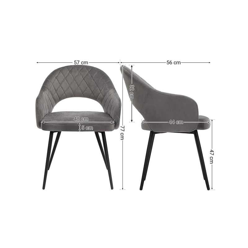 Chaise de salle à manger - chaise de cuisine - chaise en velours rembourré - avec des accoudoirs - les jambes en métal - gris