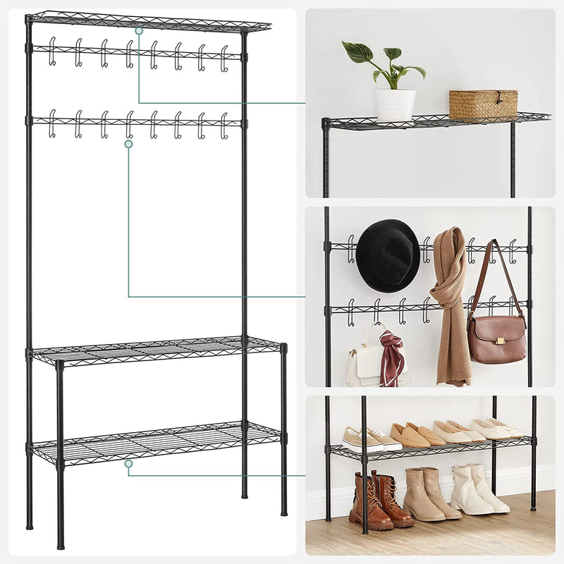 Coat Rack - Dulap - cu suport pentru încălțăminte - 16 cârlige duble - metal - negru