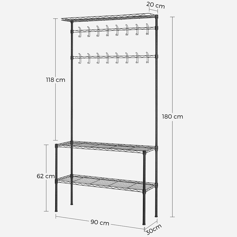 Coat Rack - Dulap - cu suport pentru încălțăminte - 16 cârlige duble - metal - negru