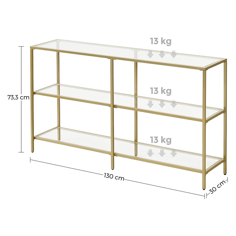 Konsolettabell - Halttabell - 3 nivåer - Sidobord - Tempererade glashyllor - 130 x 30 x 73,3 cm - Metallram - Modern - Guld