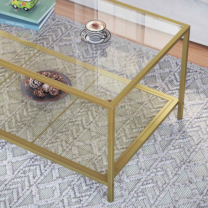 Sofabord - sidebord - med hærdet glasblad - metalramme - guld