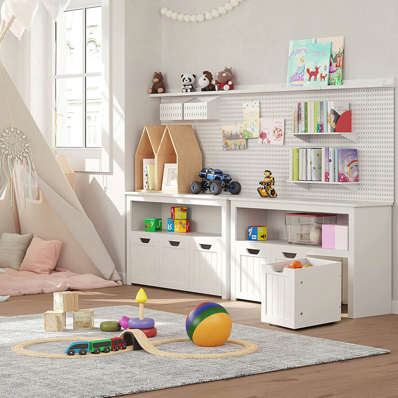 Stockage de jouets - armoire de rangement - avec roues - 3 compartiments - blanc