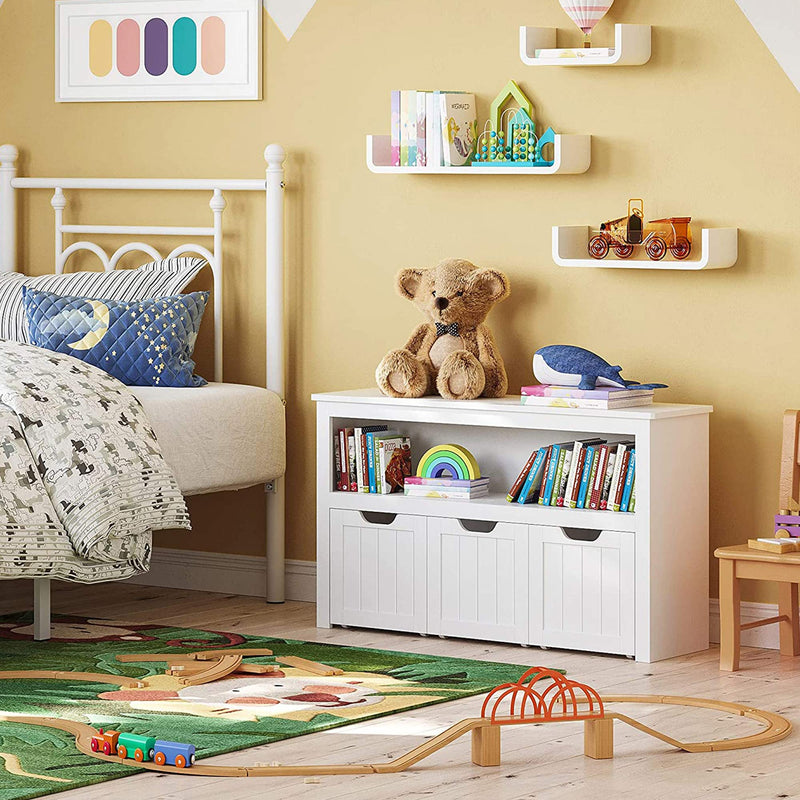 Stockage de jouets - armoire de rangement - avec roues - 3 compartiments - blanc