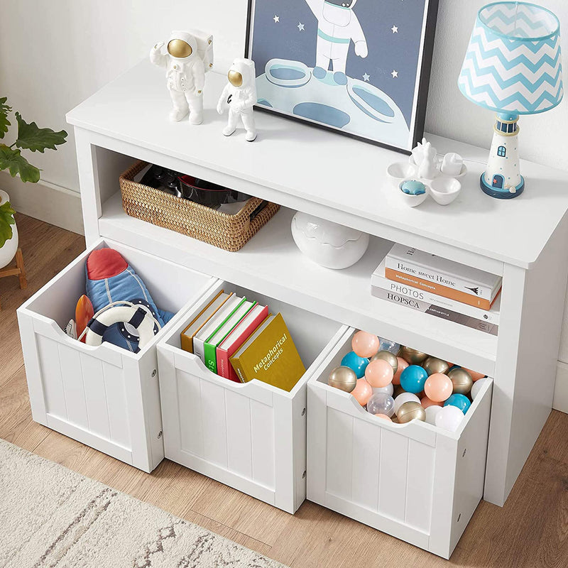 Stockage de jouets - armoire de rangement - avec roues - 3 compartiments - blanc